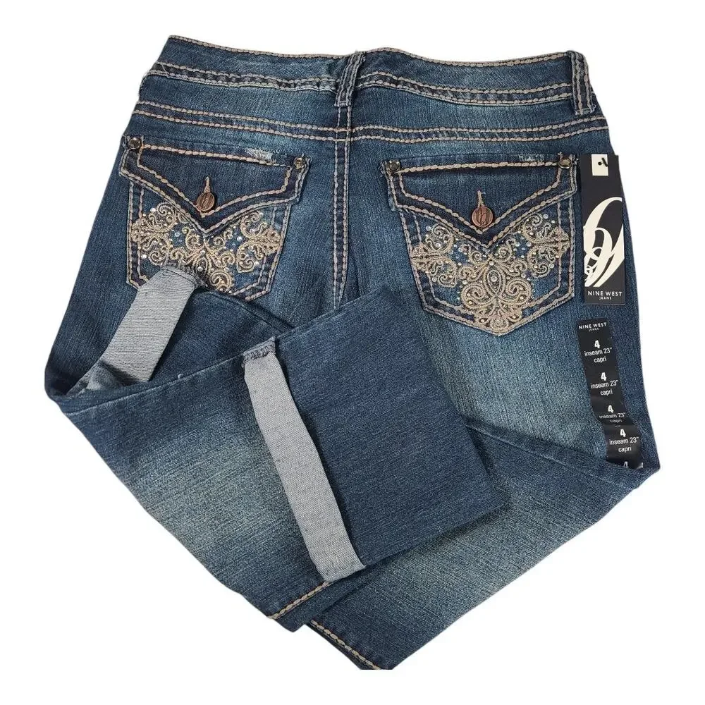 Nine West Blue Denim Capri Jeans Bling Flap Pockets Heavy Stitching NEW 4 27